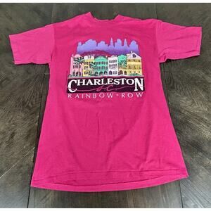 Vintage 1988 Charleston Rainbow Row Graphic T Shirt Medium 38-40 Pink USA Made